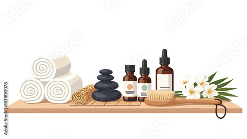 Relaxing spa essentials with aromatic oils and fresh flowers for a rejuvenating wellness retreat or serene self care moment at home