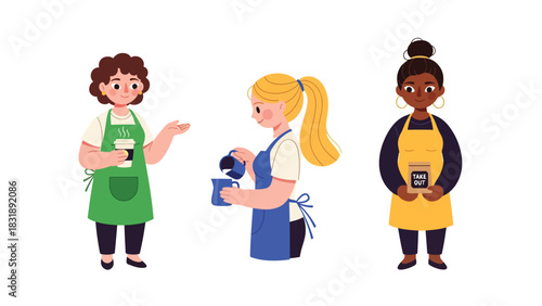 Flat vector sticker set showing cute women baristas brewing coffee, pouring latte art, and serving drinks. Ideal for café lifestyle and beverage job themes