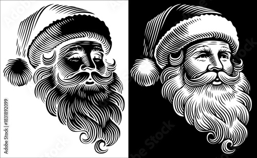 A vintage woodcut-style Christmas vector illustration of Santa Claus with a classic, warm expression. This engraving or etching captures the timeless charm and nostalgic holiday spirit of Santa.