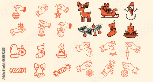 Warm line art christmas icon set with hands hanging ornaments, reindeer sleigh, snowman, stockings, candles and sweets on beige background in minimal flat vector style illustration
