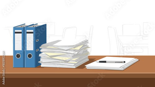 Office desk with overflowing paperwork and blue binders, symbolizing administrative overload and the need for organization solutions
