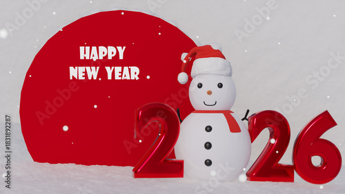 Happy New Year 2026 Card With Snowman and Red Podium