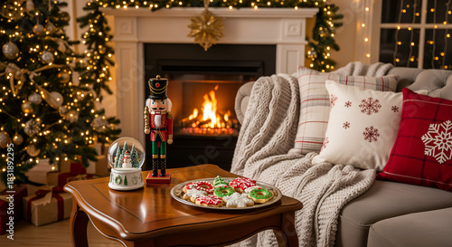 Elegant luxury living room interior with classic wood fireplace decoration