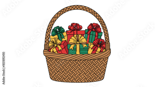 Festive gift basket overflowing with colorful presents and bows, perfect for holiday celebrations and spreading joy this Christmas season
