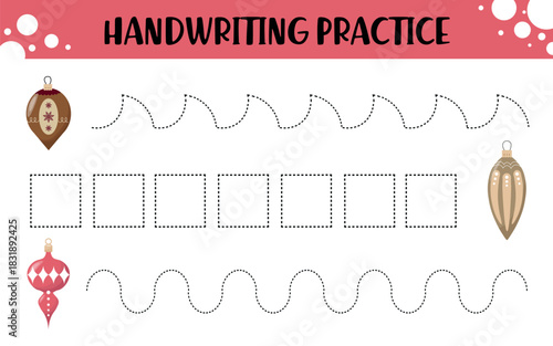 Christmas handwriting practice worksheet with dotted lines for tracing curves, waves, and shapes featuring festive ornaments for preschool and kindergarten kids