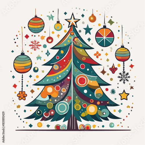 Christmas tree decoration. Colorful ornaments and lights. Vector illustration of festive tree. Holiday season design element. Christmas background. Tree with star on top. Ornaments and