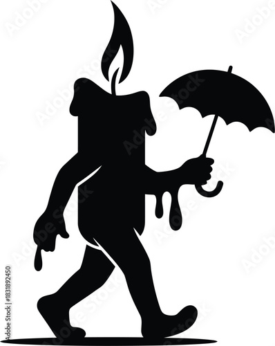 A silhouetted figure walking with a candle and umbrella dripping wax