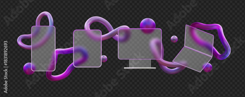 3D glass icons of a laptop, smartphone, monitor, and tablet, with geometric shapes, morphic style.