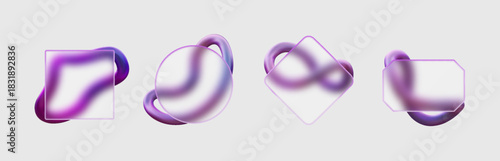 Geometric glass panels of various shapes, with abstract flowing figures, in a shiny purple color.