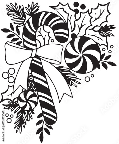 Christmas Candy Corner Digital Art: Candy Canes, Holly & Peppermint Swirls Black and White Clipart