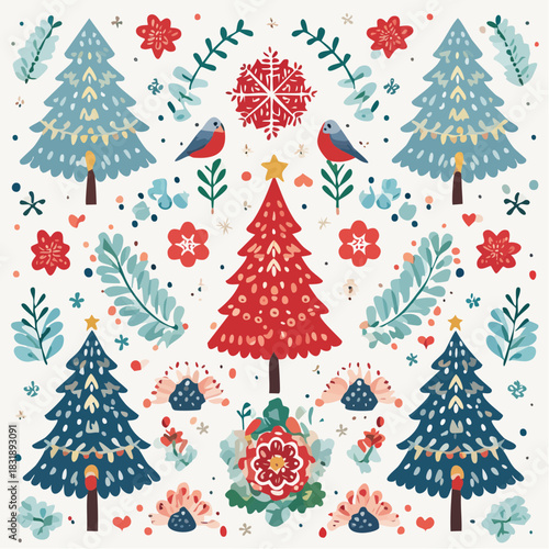 Christmas tree pattern. Winter holiday seamless design. Colorful trees, snowflakes, flowers, and birds. Vector illustration for festive background, wrapping paper, or decorations. White