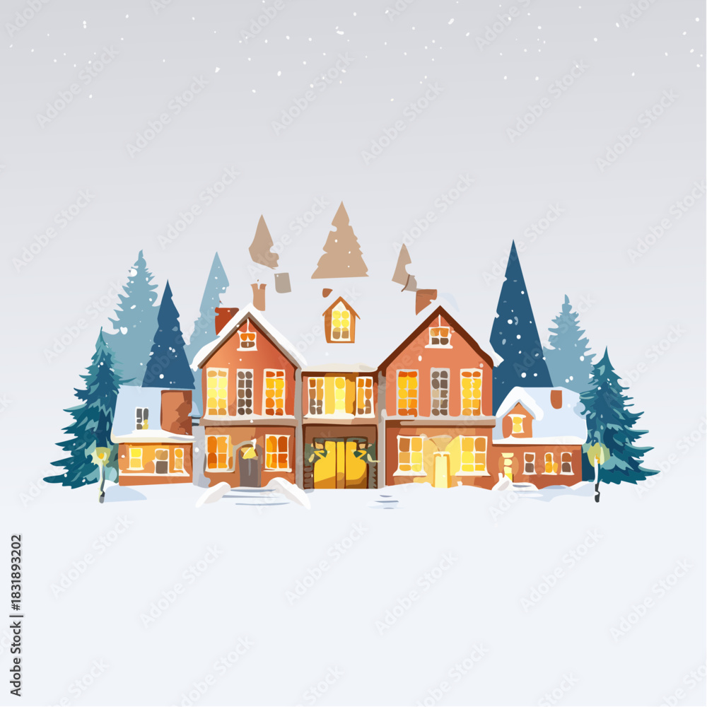 Naklejka premium Winter house scene. Snowy residential buildings. Vector illustration of homes. Snowy trees. Winter wonderland. Holiday home. Cozy house. Snow scene. Vector graphic.