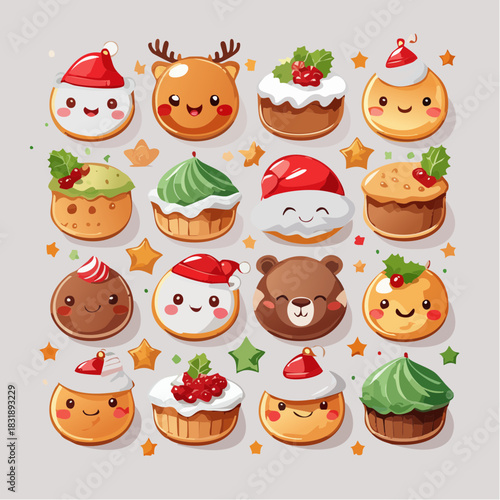 Christmas cupcakes and characters. Cute holiday desserts. Cartoon cupcakes with icing and decorations. Santa hat and reindeer cupcakes. Vector illustration on white background.
