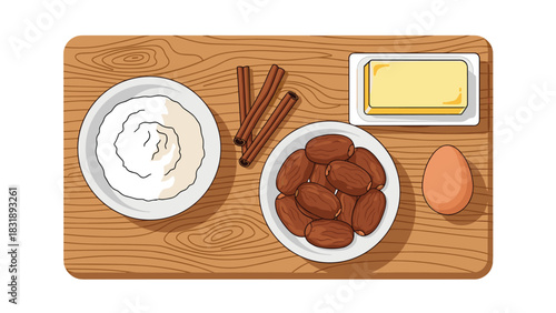 Baking inspiration with dates, cinnamon, egg, butter, and flour ready for a delicious dessert on a rustic wooden surface, perfect for baking blogs