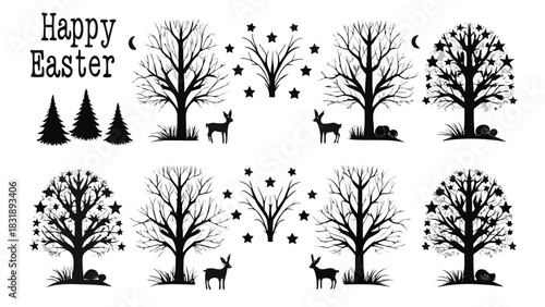 Whimsical black silhouette collection celebrating happy easter with stylized trees deer stars and moon elements on a white background