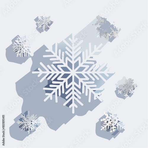 Snowflakes on a map. White snowflakes falling. Snowflake illustration. Winter weather symbol. Vector graphic. Isolated on white background. Frosty design element. Cold climate icon. Map