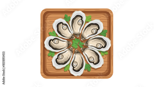 Elegant arrangement of fresh oysters with parsley on wooden tray, perfect for seafood restaurant menus and culinary promotions