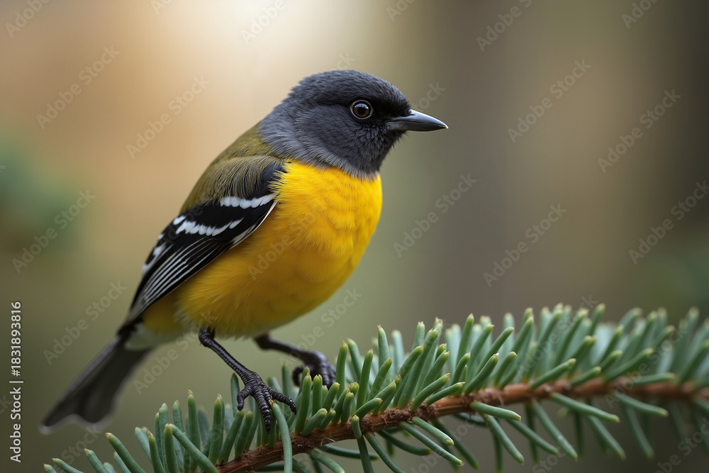 Obraz premium Colorful bird perched on evergreen branch in natural setting 