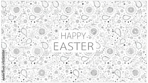 Happy easter greeting card with a delicate floral and paisley pattern in shades of gray and white perfect for spring celebrations and festive designs