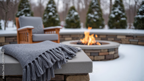 Cozy outdoor setting with warm fire, comfortable chair, and soft blanket, perfect for winter relaxation