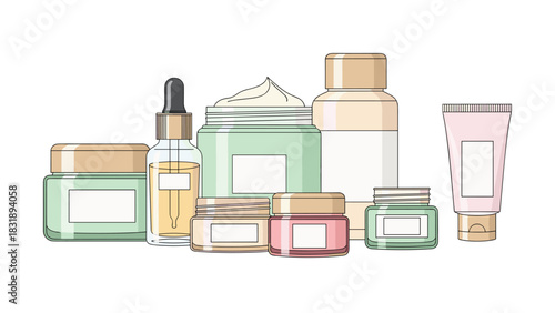 Elegant skincare products arranged for a modern beauty routine, perfect for advertising natural wellness and self-care, a minimalist aesthetic