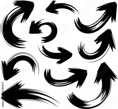 Dynamic Grunge Dry Brush Curved Arrow Vector Collection, Hand Drawn Black Ink Brush Stroke Directional Arrows