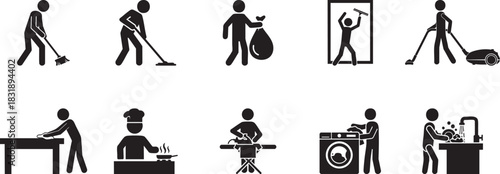 Stickman Household Chores Icons – Stick Figure Cleaning & Home Task Silhouette Vector Set