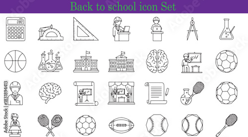 Comprehensive Back to School Icon Set Emphasizing Education and Learning for Students Teachers and Academic Institutions with Various Subjects
