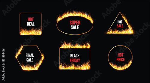 Black Friday fiery frames realistic marketing design vector set on black, burning border with Hot price, Super sale text