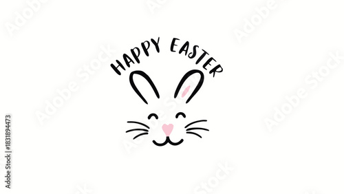 Cute hand drawn happy easter bunny face with whiskers and pink nose and ears with the text happy easter above in a playful font on a white background