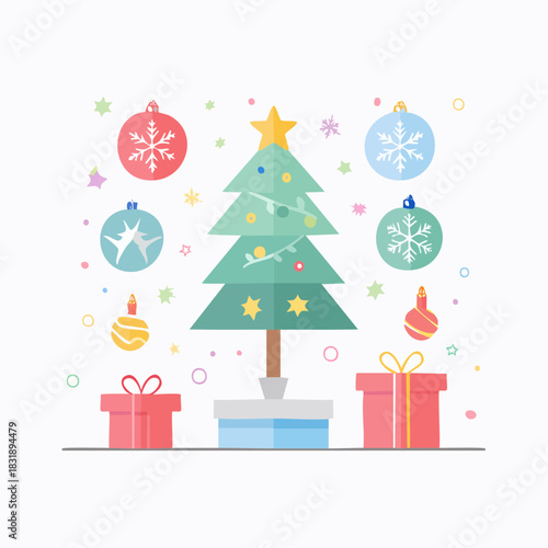 Christmas tree with presents and ornaments. Holiday decoration illustration. Colorful festive scene. Vector Christmas background. Winter holiday graphic. Tree with gifts. Ornaments and