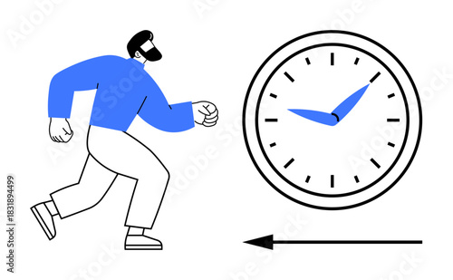 Time management. A professional running toward the clock indicating deadlines and urgency. Time management vital for productivity, efficiency, and meeting goals. Great for productivity, urgency