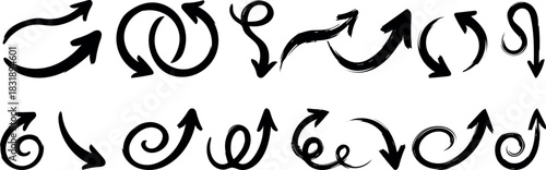 Hand Drawn Loopy and Swirled Marker Arrow Doodles, Creative Sketchy Arrows and Scribbled Directional Pointers
