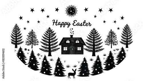 Happy easter greeting card design featuring a charming silhouette of a rustic cabin surrounded by pine trees and a gentle deer in a whimsical forest setting under a starry sky