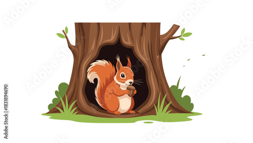Adorable squirrel enjoying a snack inside a cozy tree hollow, perfect for nature-themed projects and children's books about forest animals