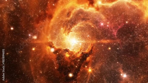 Fiery Orange Nebula with Bright Center and Distant Stars in Deep Space cosmos universe