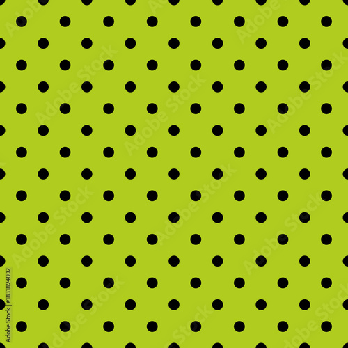 Seamless spring vector pattern or tile texture with black polka dots on fresh grass green background. For desktop wallpaper, web design, cards, invitations, wedding or baby shower albums, backgrounds,