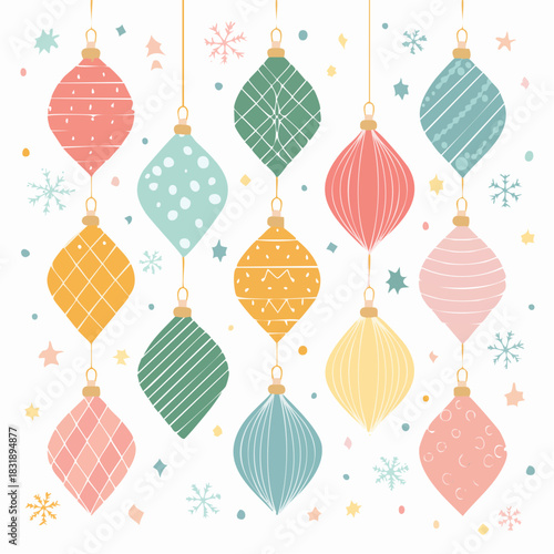 Christmas ornaments. Colorful hanging baubles. Pastel colored balls. Festive decorations. Vector illustration. White background. Holiday decor. Ornament set. Winter celebration.