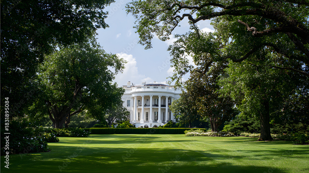 Obraz premium The white house viewed through lush green trees and manicured lawn