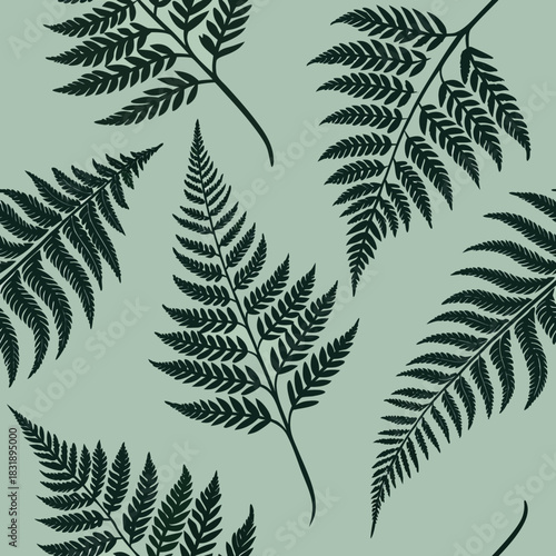 Elegant pattern of dark green ferns on soft green background creates a calming natural design for home decor and textiles Generative AI