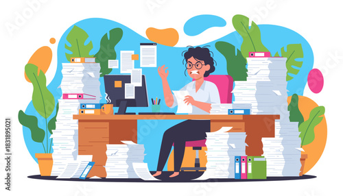 Stressed employee buried in paperwork overload at her office desk Business deadline pressure concept