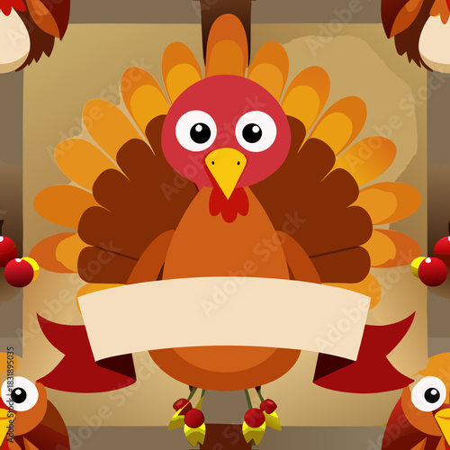 Colorful cartoon turkey design with vibrant feathers and a blank banner for Thanksgiving or autumn celebrations in a fun style Generative AI