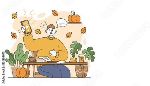 Stressed man holding a malfunctioning smartphone at his desk overwhelmed by digital trouble in autumn