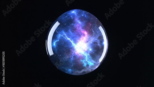 Glowing Cosmic Nebula Encased in a Transparent Sphere on Black Background galaxy
