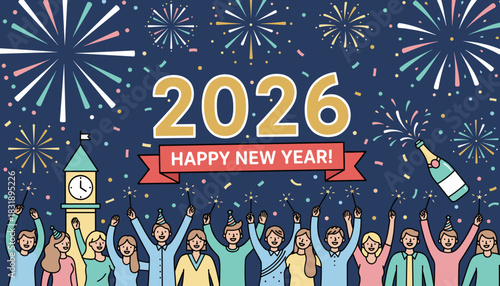 2026 New Year celebration illustration People cheering with sparklers fireworks and a clock tower countdown