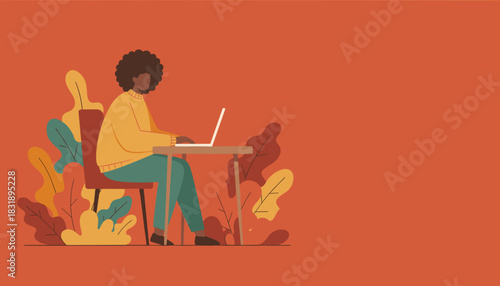 Person working on laptop at desk in cozy home office autumn colors copy space