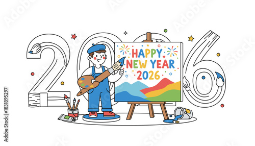 Artist painting a colorful Happy New Year 2026 greeting sign Creativity and celebration