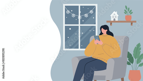 Cozy woman uses phone in armchair while snowing outside Winter comfort and connectivity