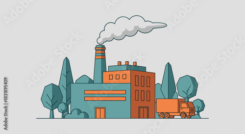Stylized industrial factory illustration with smokestack truck and trees Manufacturing and logistics