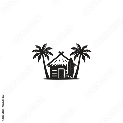 Simple black and white vector logo of a tropical beach hut or tiki shack between two palm trees with a surfboard leaning against the side